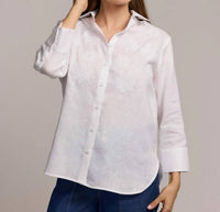 Hinson Wu Margot 3/4 Sleeve Embroidered Linen Shirt in white - women's long sleeve top - detail view