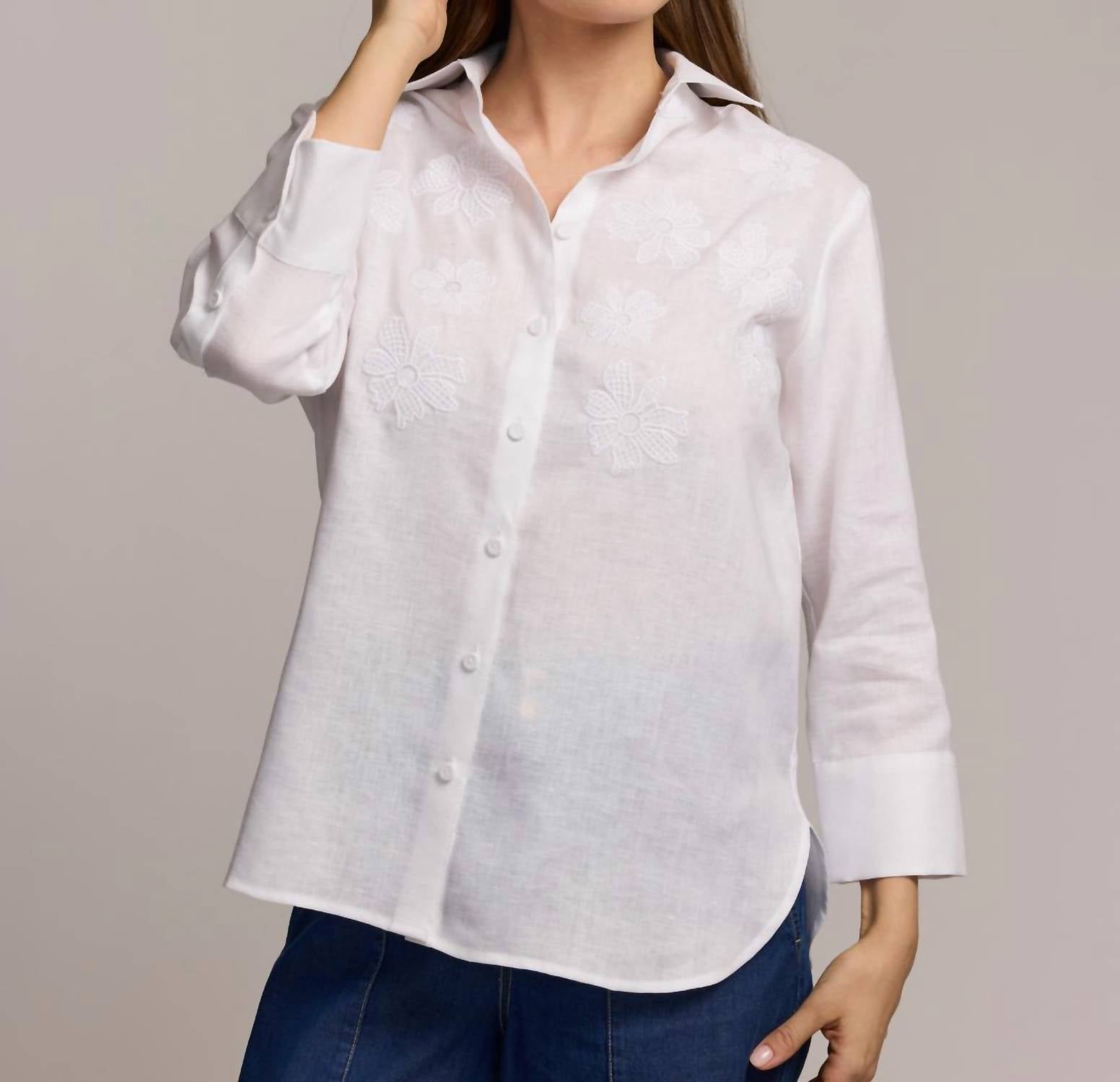 Hinson Wu Margot 3/4 Sleeve Embroidered Linen Shirt in white - women's long sleeve top - detail view