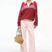 STAUD Sail Polo Knit Top in cardinal stripe - women's long sleeve top - view 4