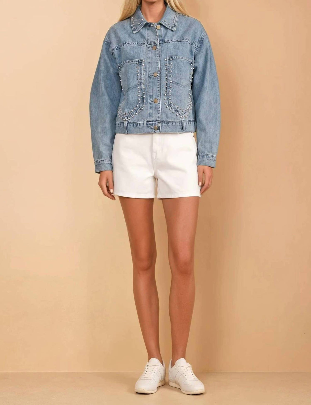 Wisteria Lane - Women's Studded Cropped Washed Denim Jacket