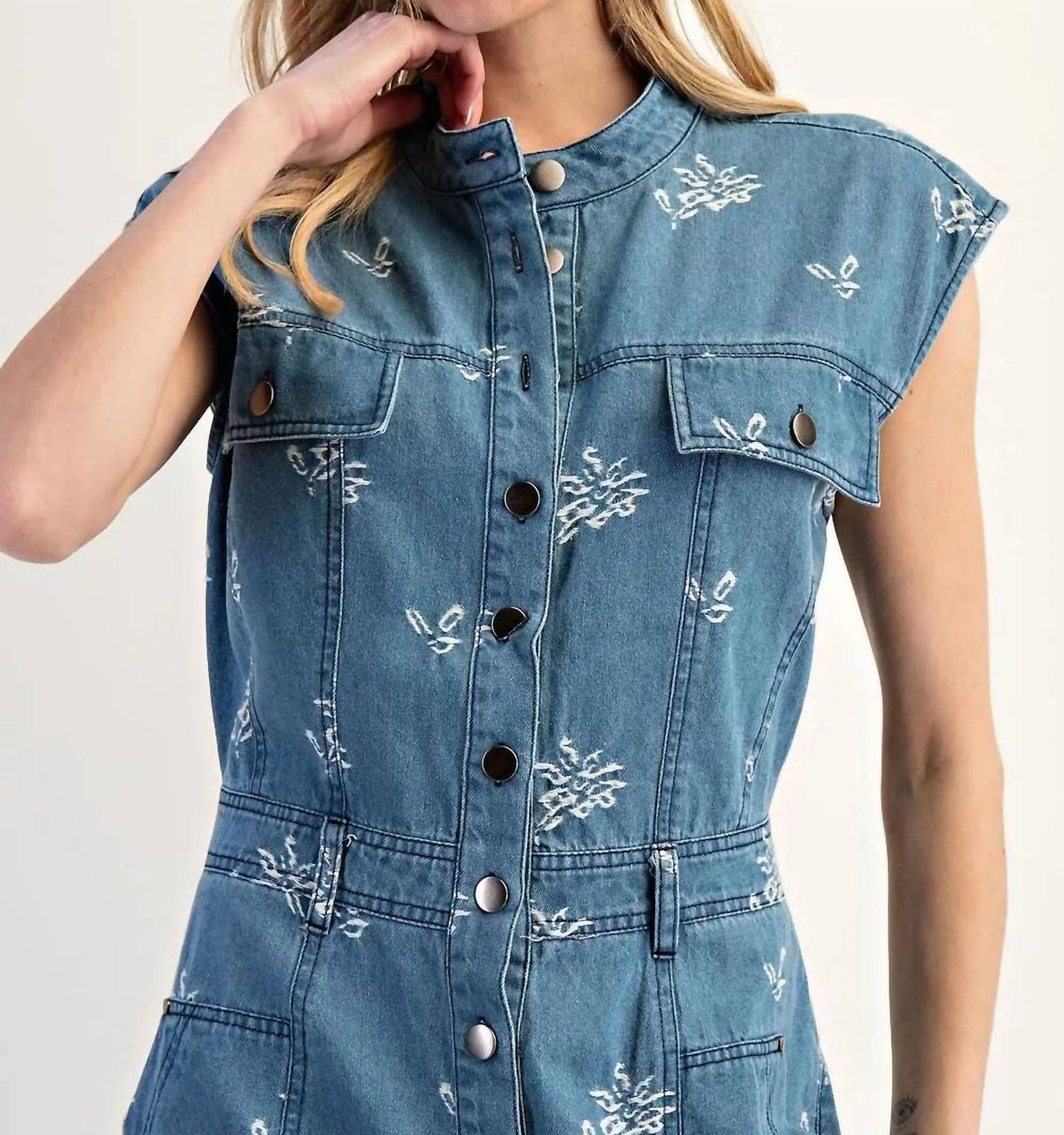 Ee:Some - Floral Embroidered Denim Cap Sleeve Jumpsuit