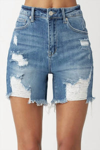 Risen - High Rise Mid Thigh Distressed Shorts