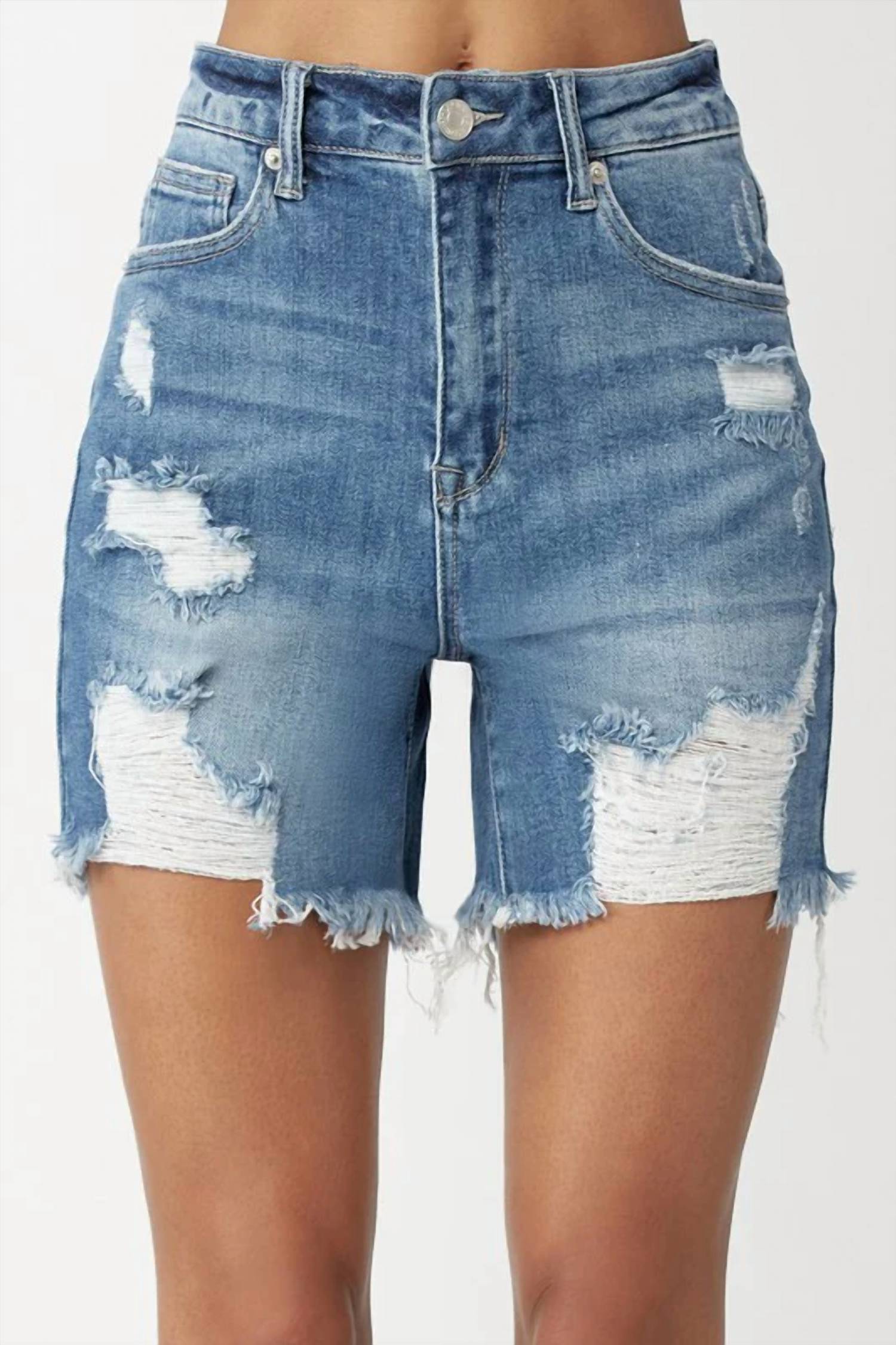 Risen - High Rise Mid Thigh Distressed Shorts