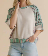 Haptics - Oversized Plaid And Floral Color Block Top
