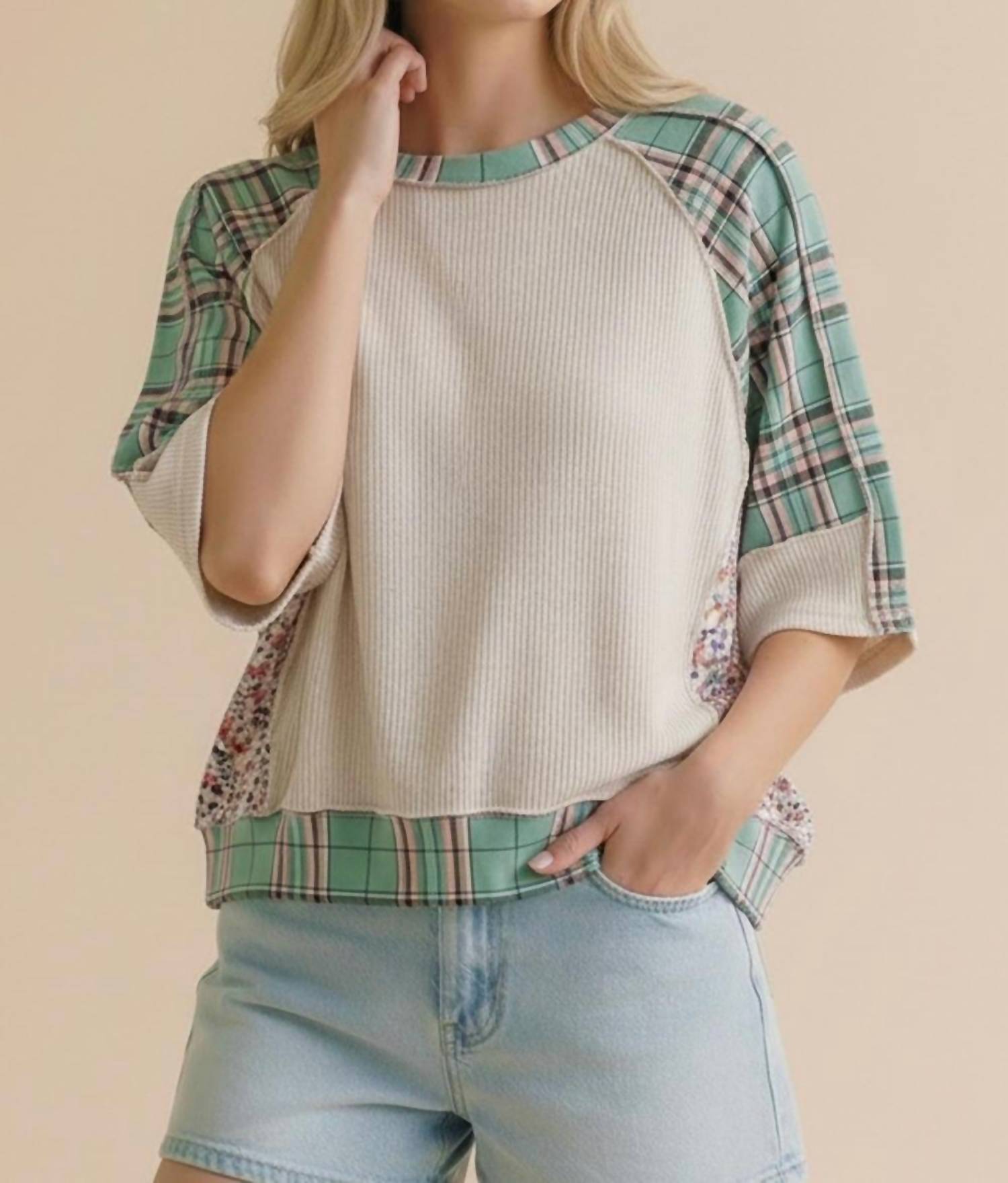 Haptics - Oversized Plaid And Floral Color Block Top