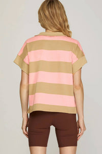 She + Sky - Women's Short Sleeve Mock Neck Striped Sweatshirt