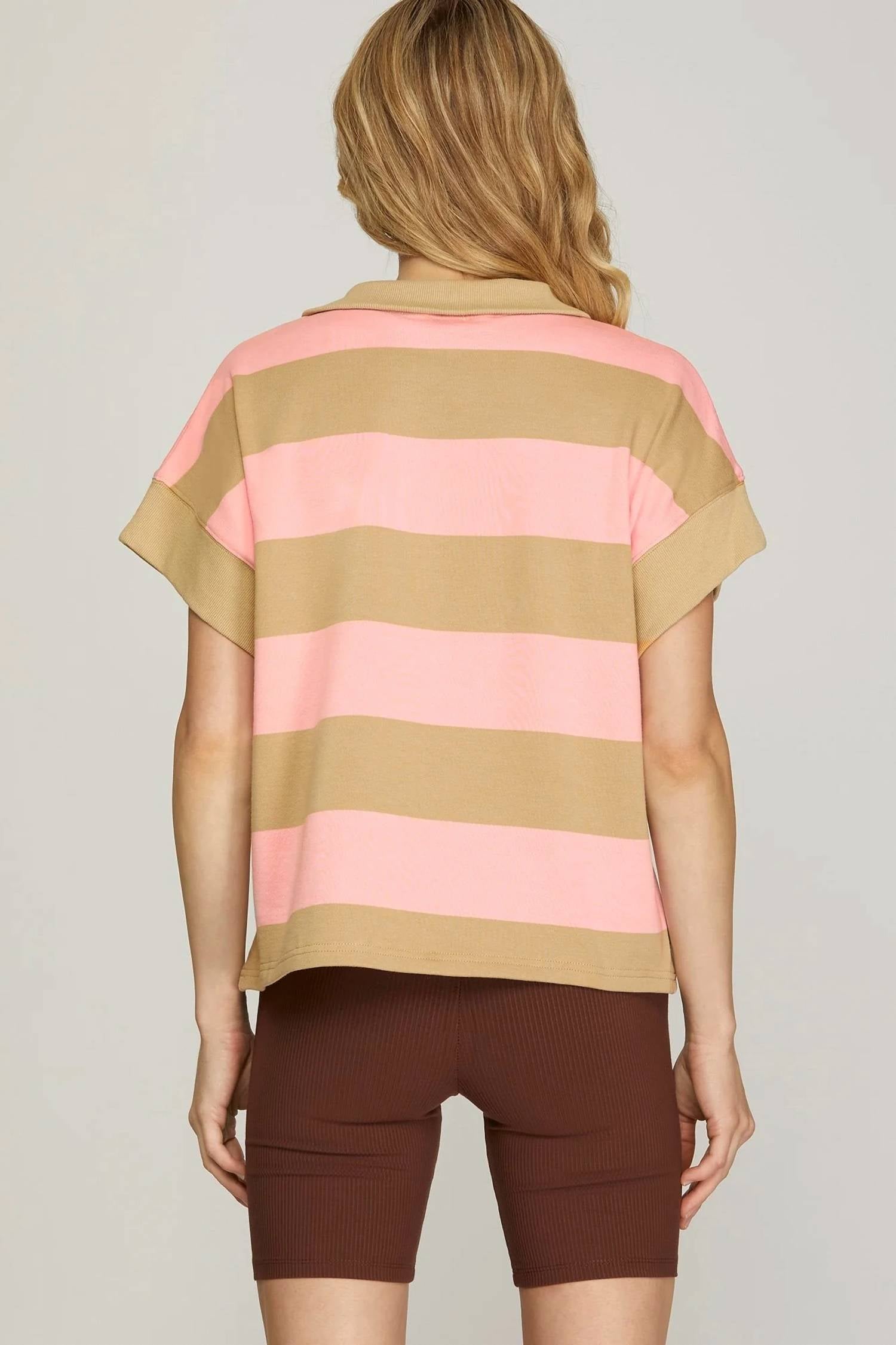She + Sky - Women's Short Sleeve Mock Neck Striped Sweatshirt