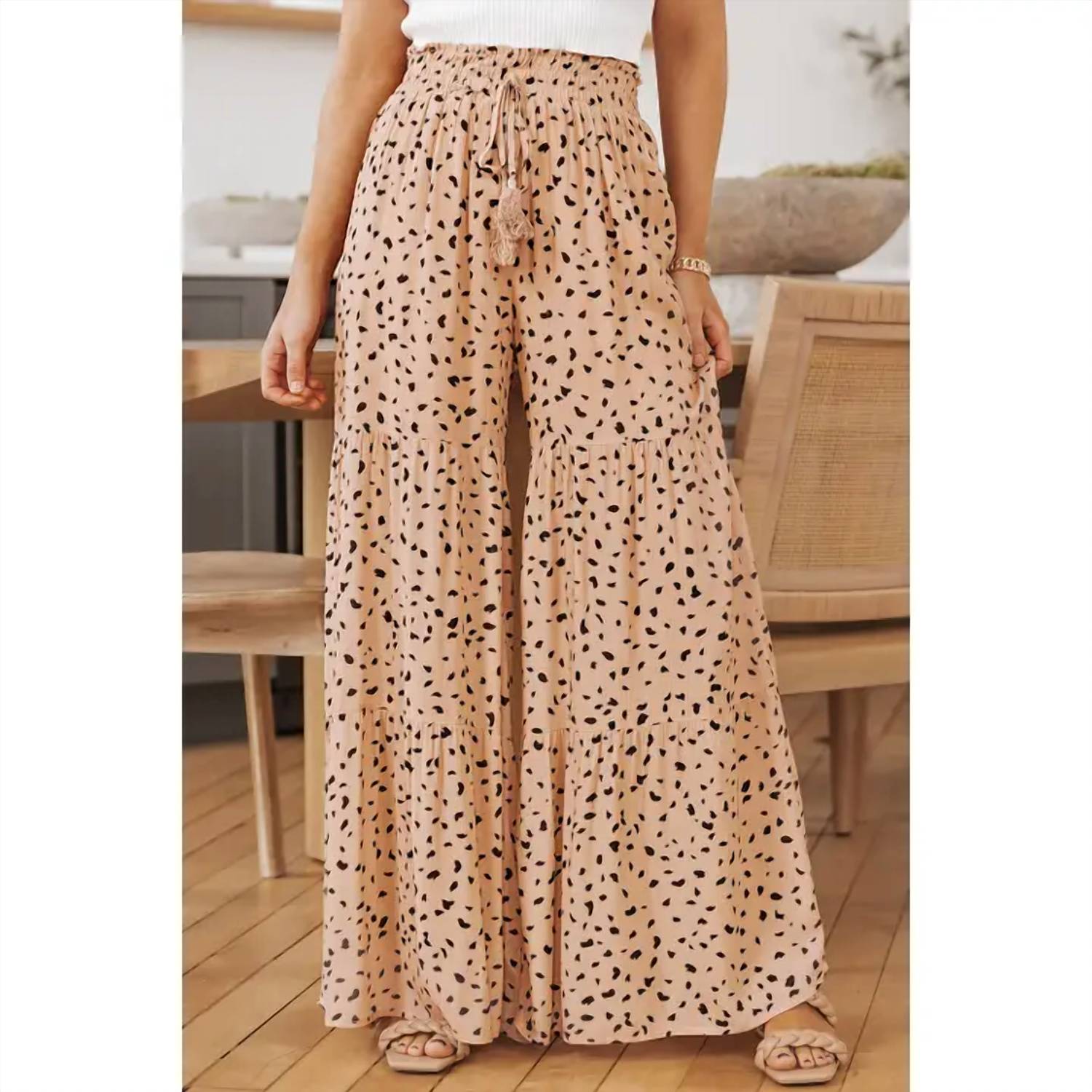 Umorger - Ruffle Wide Leg Dalmatian Palazzo Pants