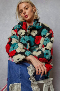 Pol - Long Sleeve Textured Sherpa Floral Coat Jacket