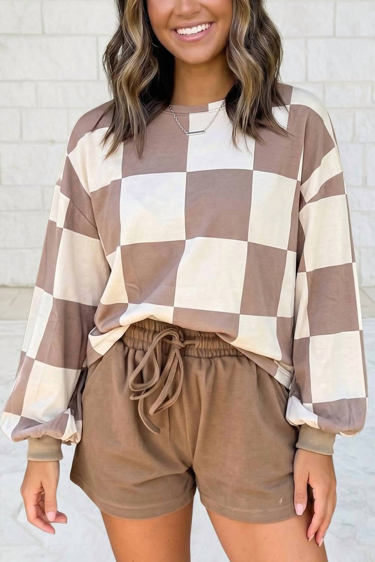 1 The Woman - Plaid Long Sleeve Two Piece Set Shift Pantsuit