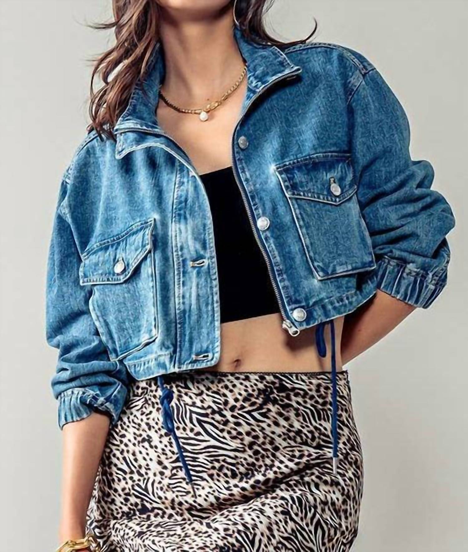 Urban Daizy - Drawstring Hem Stand Collar Denim Jacket