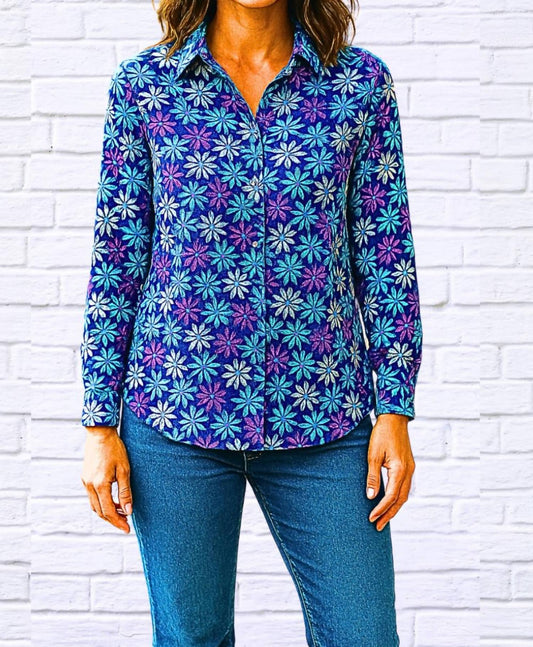 Diva Usa - Daisy Floral Collared Long Sleeve Shirt