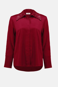 Joseph Ribkoff - Satin Button Front Blouse with Embellished Collar