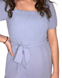 eLook Smocked Square Neck Waist Tie Romper in blue - women's pants - detail view