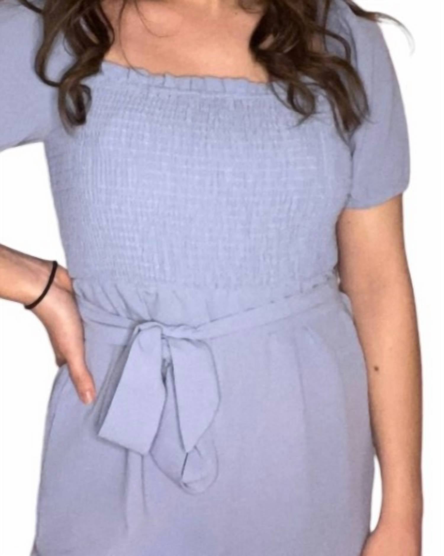 eLook Smocked Square Neck Waist Tie Romper in blue - women's pants - detail view
