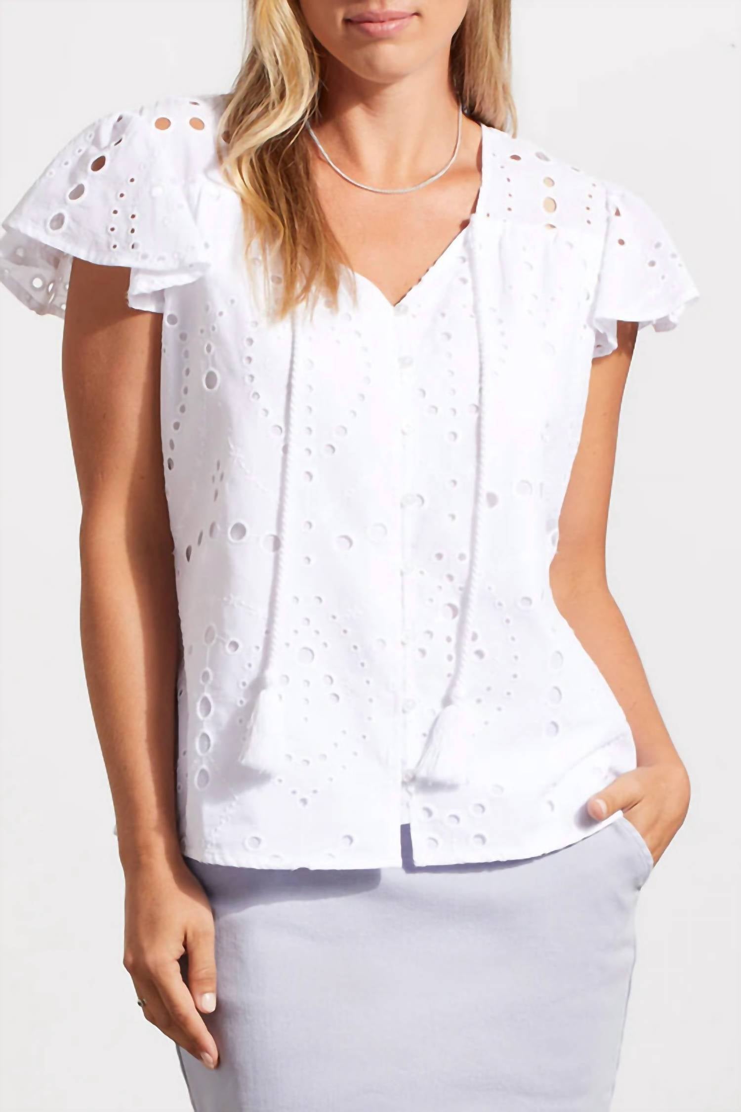 TRIBAL Cap Sleeve Blouse With Eyelet Embroidery in white - women's blouse