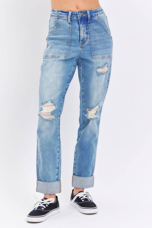 Judy Blue - High Rise Patch Pocket Distressed Cuffed Boyfriend Jeans