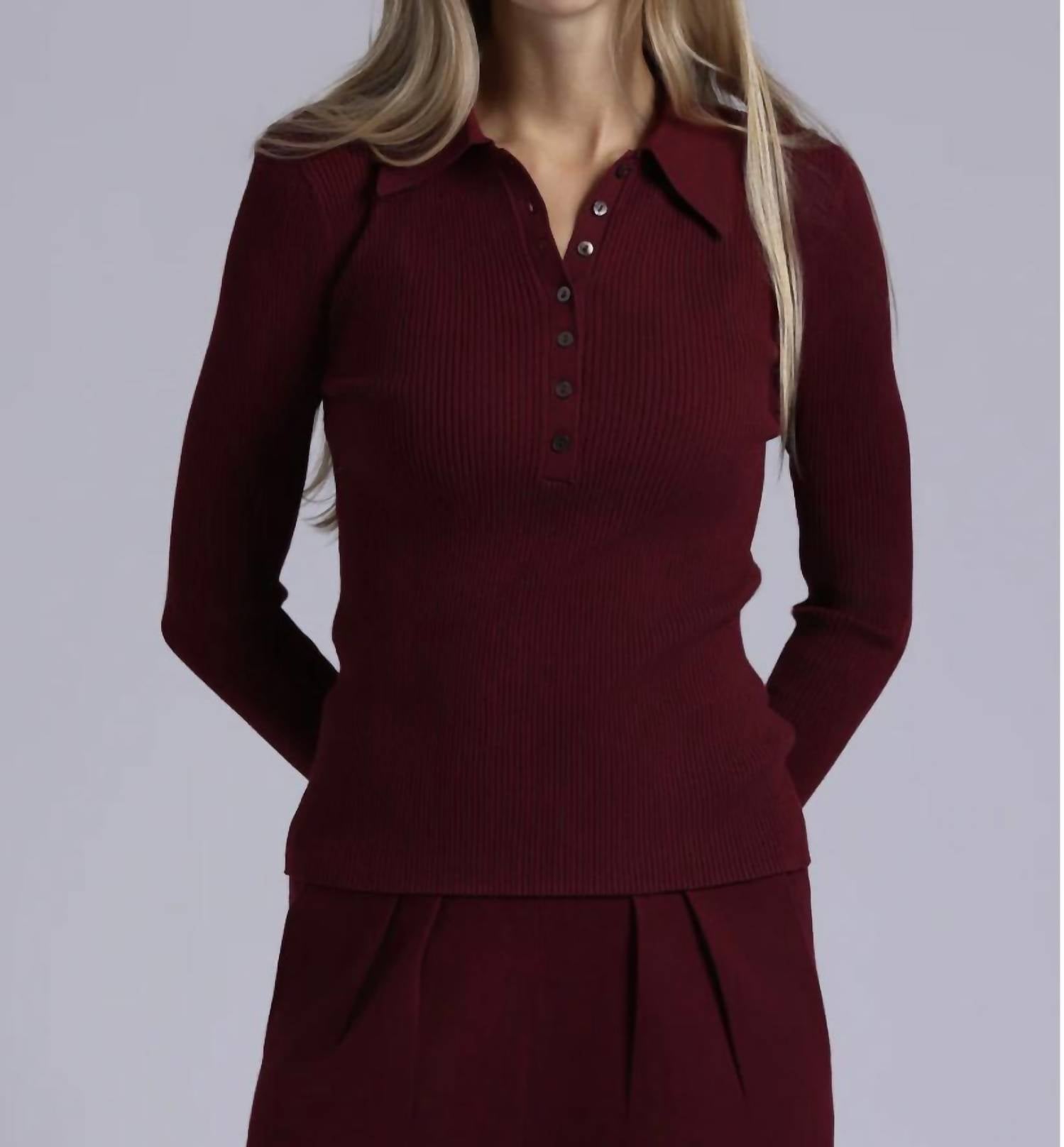 Minnie Rose Ribbed Collared Henley Top in bordeaux - women's long sleeve top
