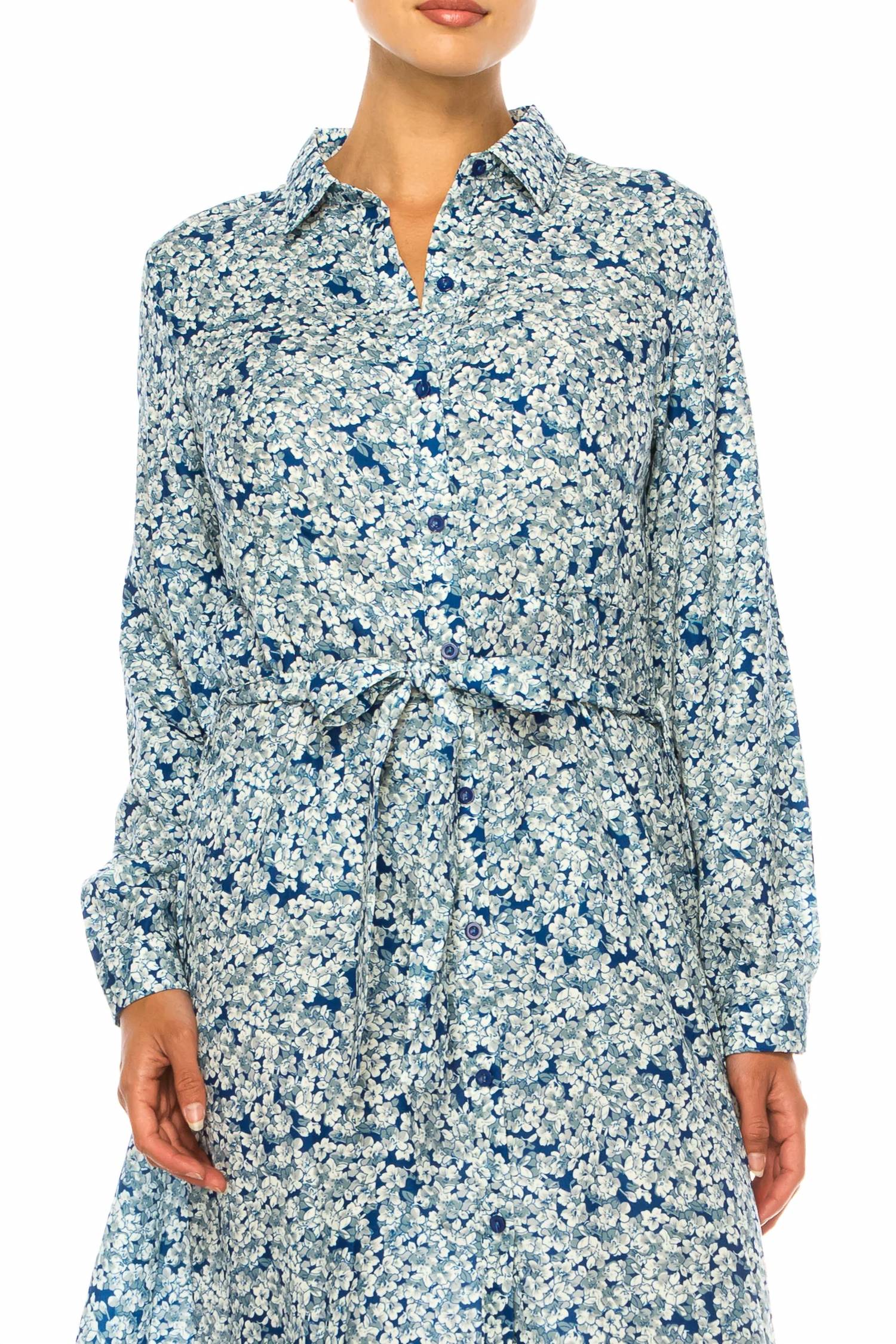 Vivid - Long Sleeve Belted Floral Shirt Dress