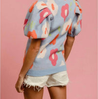 BiBi Floral Pattern Puff Sleeves V-neck Top in blue - women's blouse - detail view