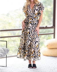 Cienna Monifa Frill Wrap Dress in black cream gold - women's dress - alternate view