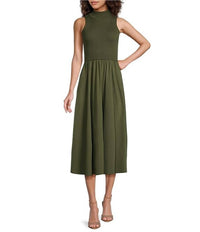 Elan - Mix Media Mock Neck Sleeveless Midi Dress