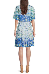 Maison Tara - Floral Print Short Sleeve Cape Fit & Flare Dress