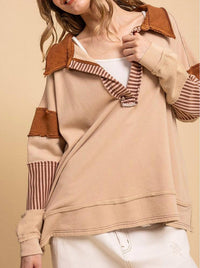 Blue Velvet Relaxed Fit Washed Multi Fabric Collared Top in tan - women's top - detail view