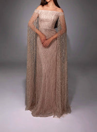 Alyce Paris - Floor-Length Sleeves Glitter Dress