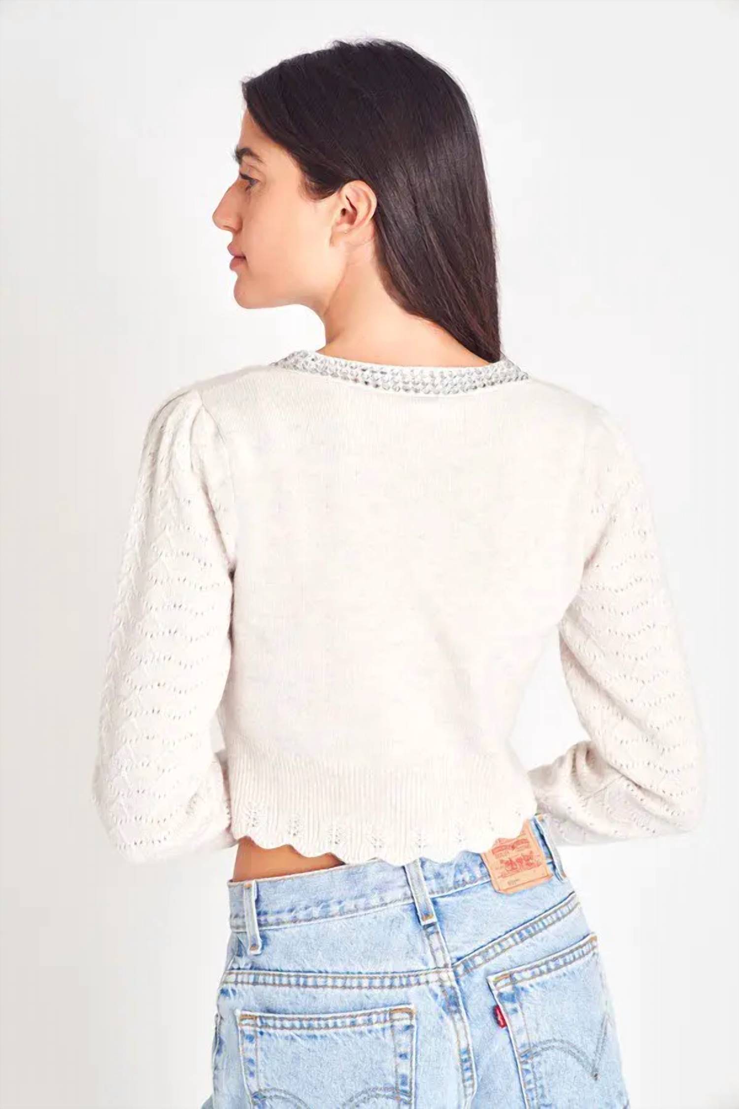 LoveShackFancy Brynner Crop Long Sleeve Cardigan in pebble - women's sweater - alternate view