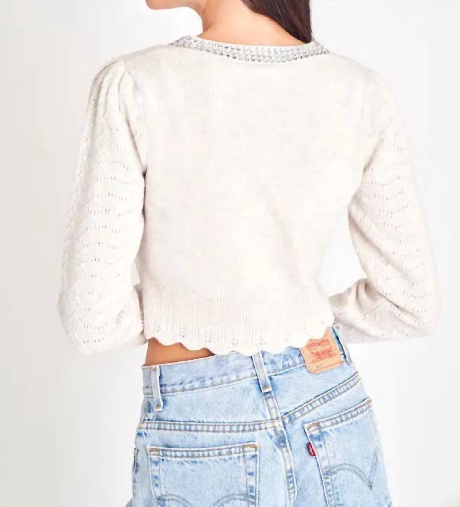 LoveShackFancy Brynner Crop Long Sleeve Cardigan in pebble - women's sweater - detail view