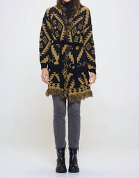 Reneec. - Tribal Print Cardigan with Fringe Detail and Tie