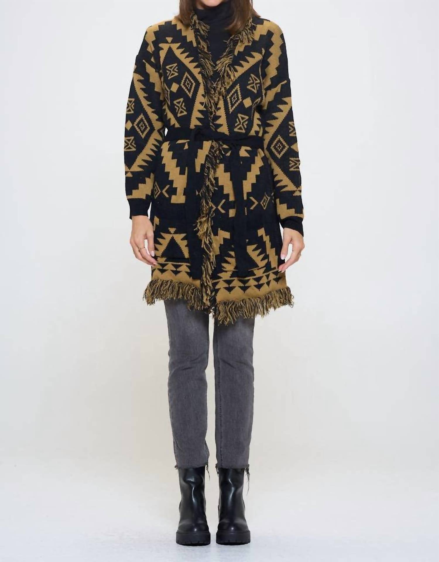 Reneec. - Tribal Print Cardigan with Fringe Detail and Tie