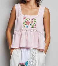 Pol - Double Gauze Floral Shirring Square Neck Sleeveless Top