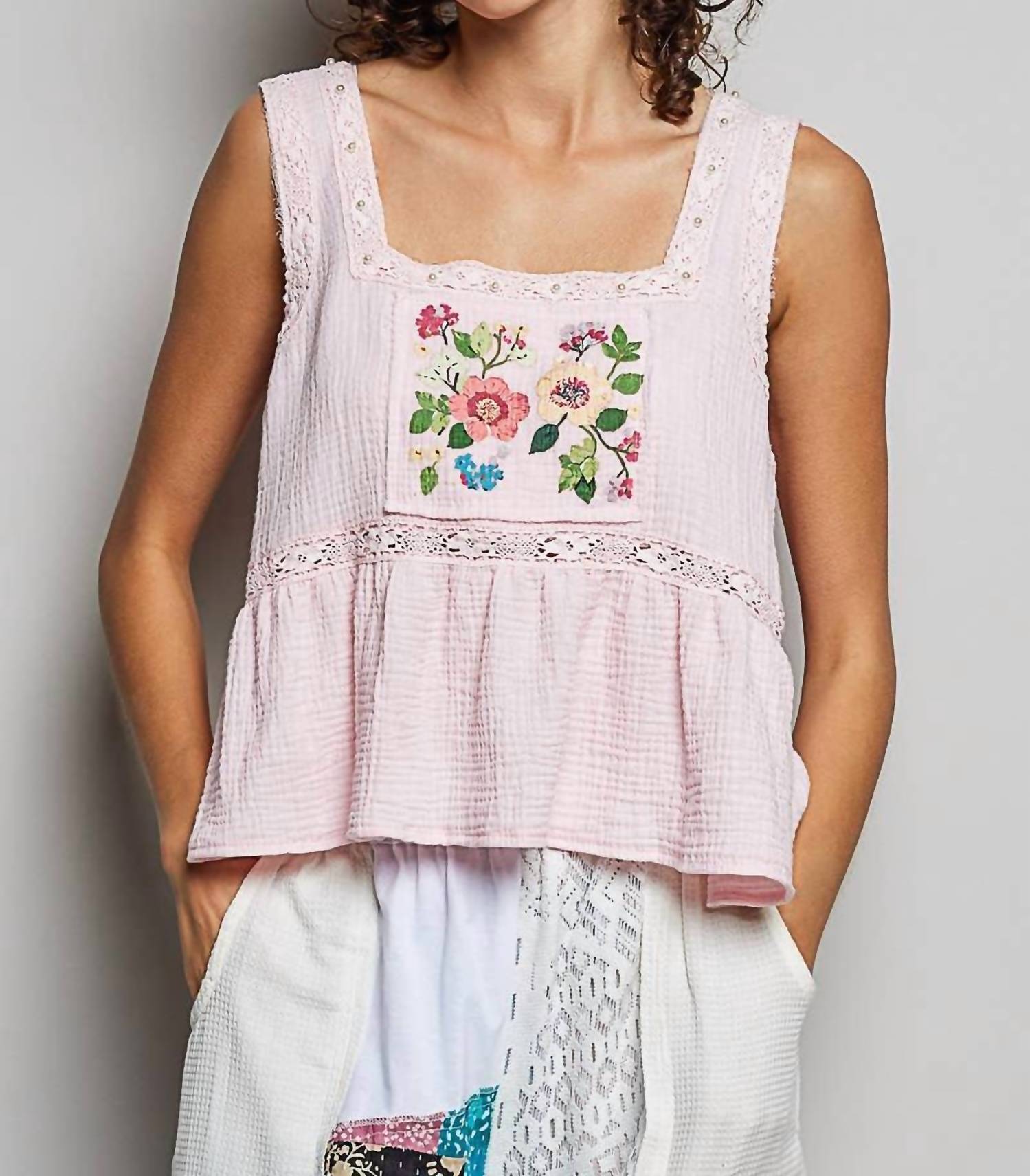 Pol - Double Gauze Floral Shirring Square Neck Sleeveless Top