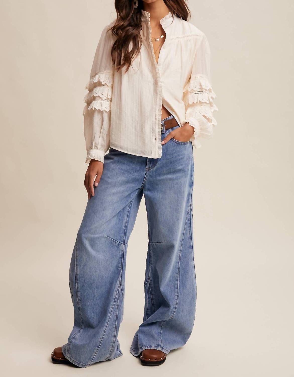 Listicle Lace Ruffle Sleeve Blouse in cream - women's blouse - view 4