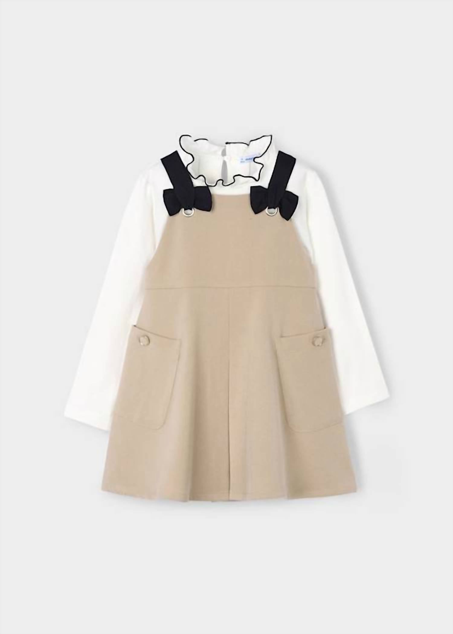 Mayoral Girl's Pinafore Dress Set in beige - kids' dress - detail view