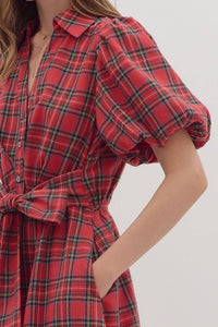 entro Plaid Puff Sleeve Midi Dress in red - women's dress - view 5