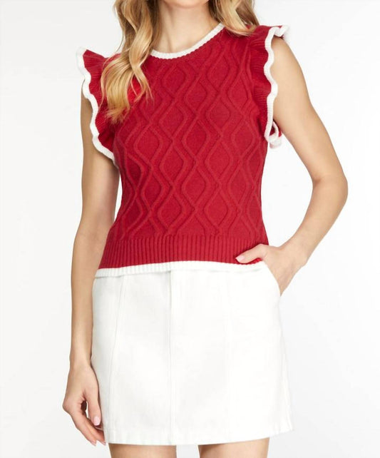 She + Sky - Game Day Ruffle Sleeve Cable Sweater Top With Contrast Edge