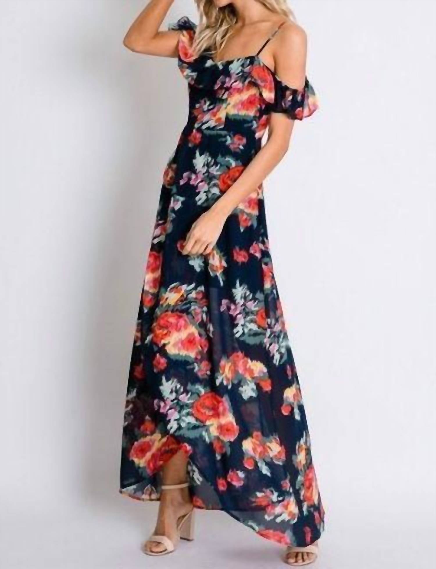 Davi & Dani - Floral Print Ruffle Cold Shoulder Tulip Dress