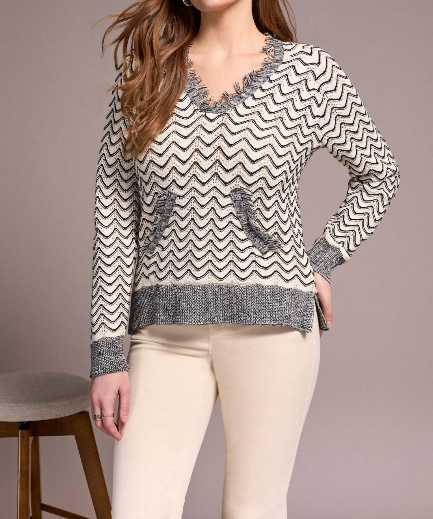 Tribal - Long Sleeve Hooded Sweater With Fringe Detail