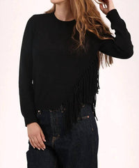 Minnie Rose Cotton Cashmere Fringe Trim Sweater in black - women's sweater - detail view