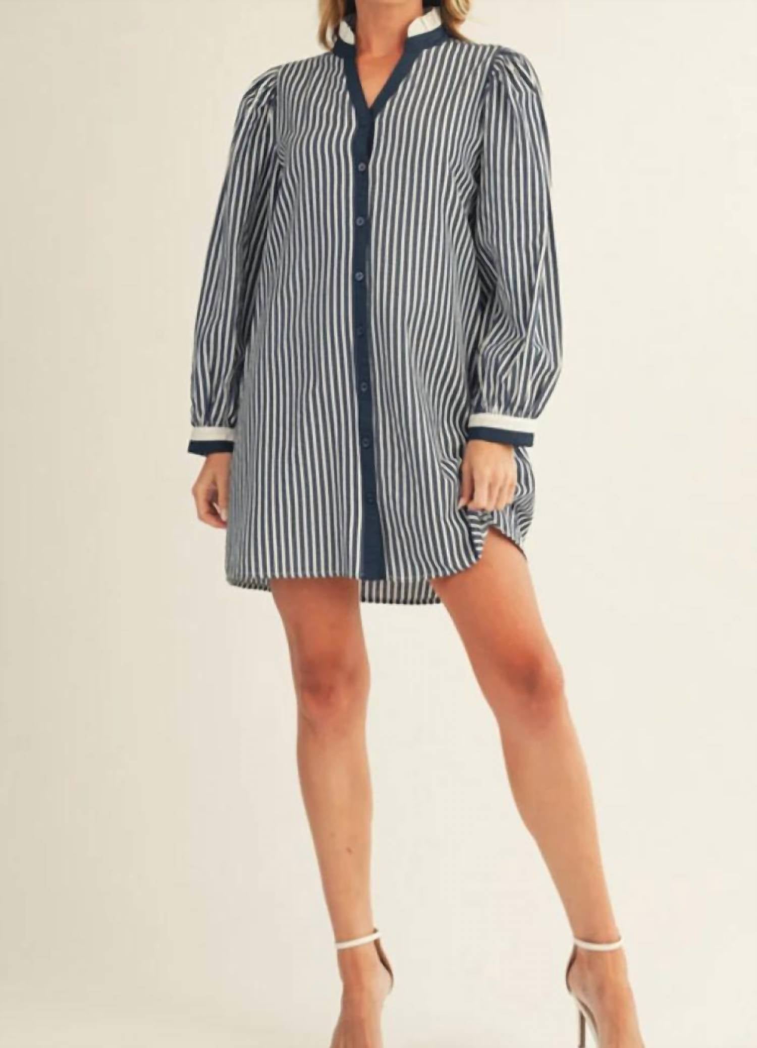 Jodifl - Women's Long Puff Sleeves Button Down Stripe Shift Dress