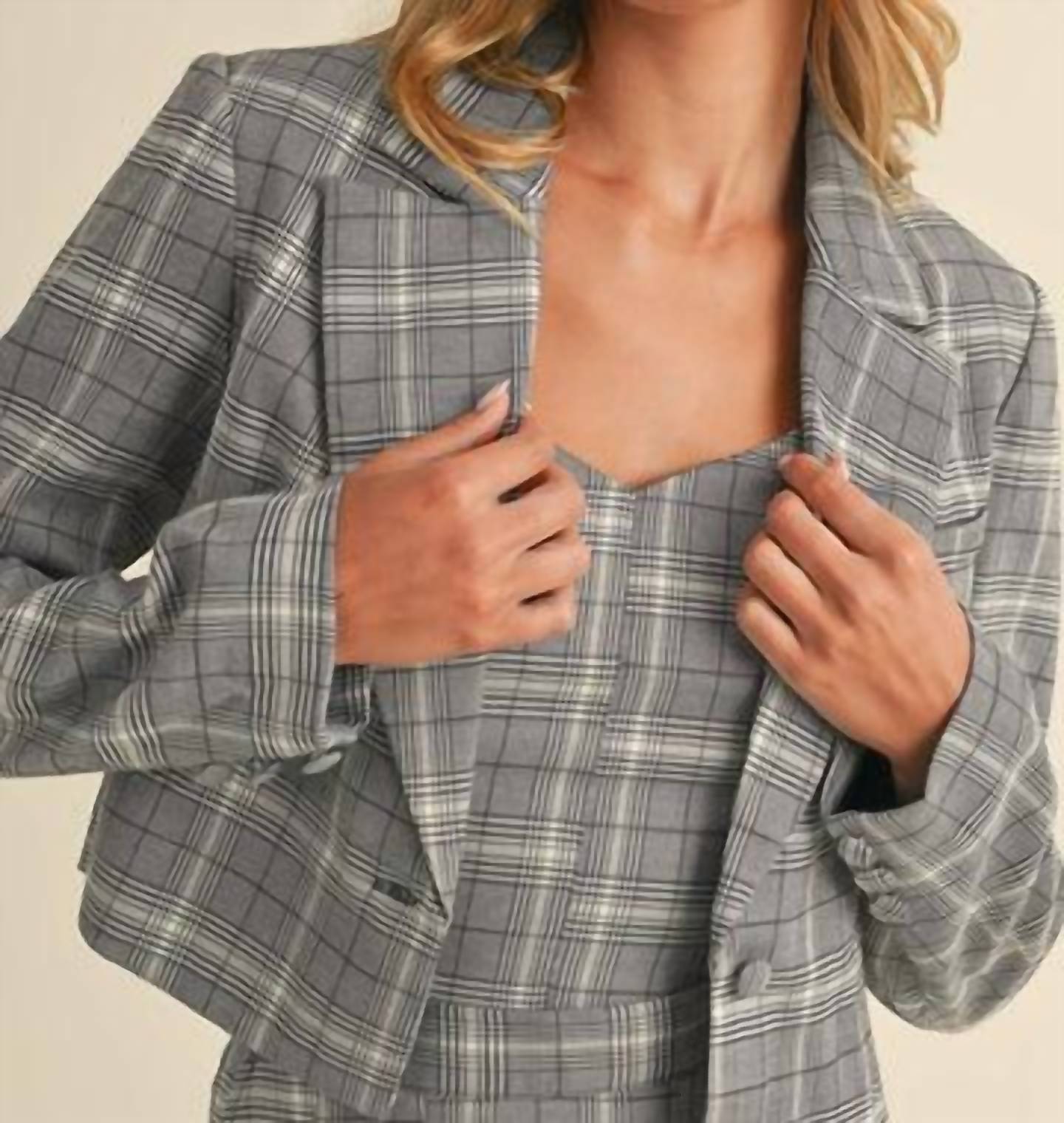 Klesis - Plaid Crop Top, Cropped Blazer, And Pleated Mini Skirt