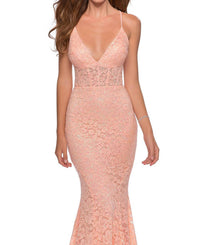 La Femme Sequin Lace Prom Dress in peach - women's dress - alternate view