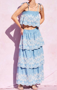 Mint - Chambray Embroidered Top & Maxi Skirt Set