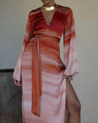 HEMANT & NANDITA Asma long Dress with Belt in multi - women's dress - detail view