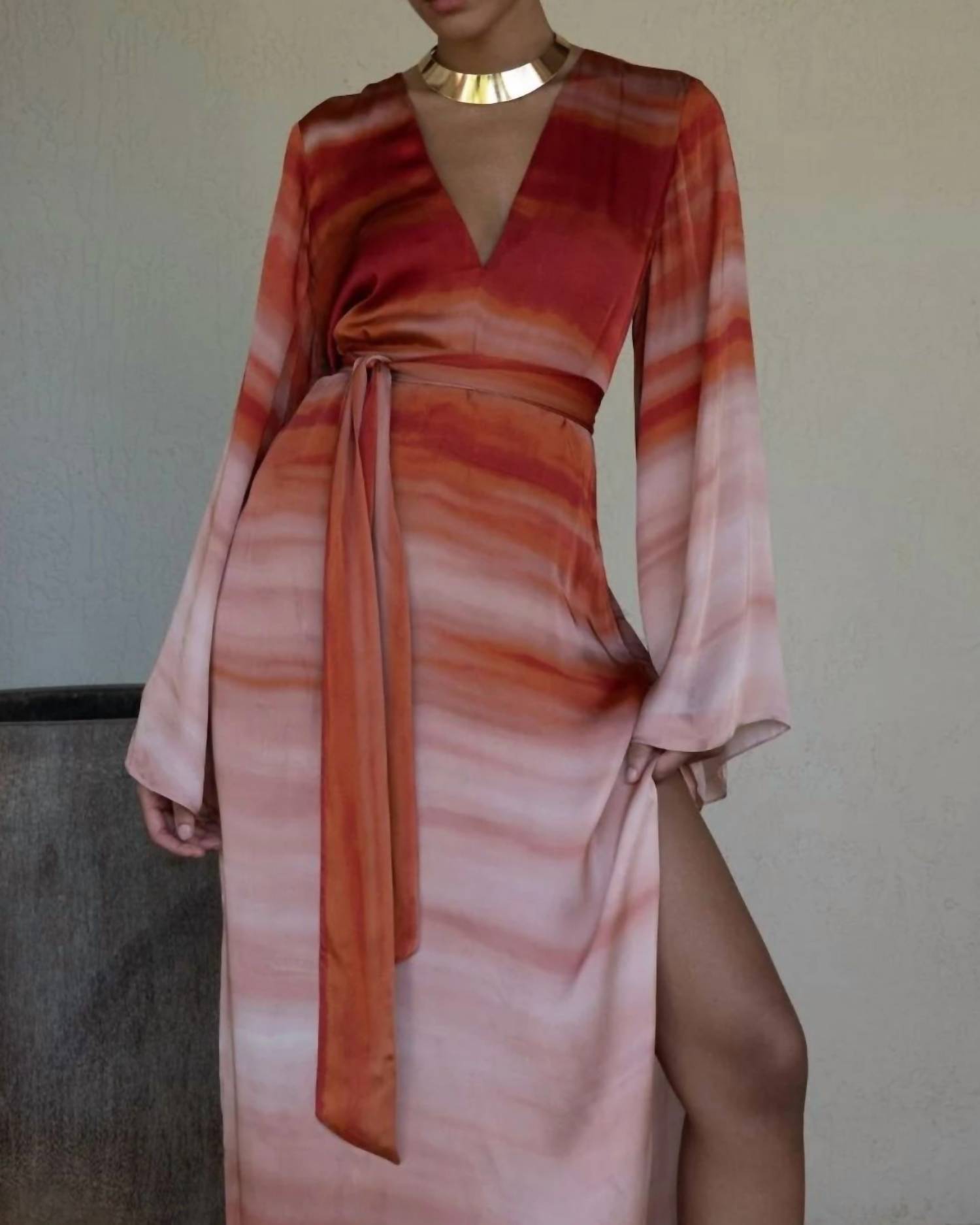 HEMANT & NANDITA Asma long Dress with Belt in multi - women's dress - detail view