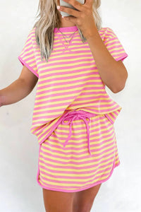 Shewin - Stripe Short Sleeve Top And Skirt Set