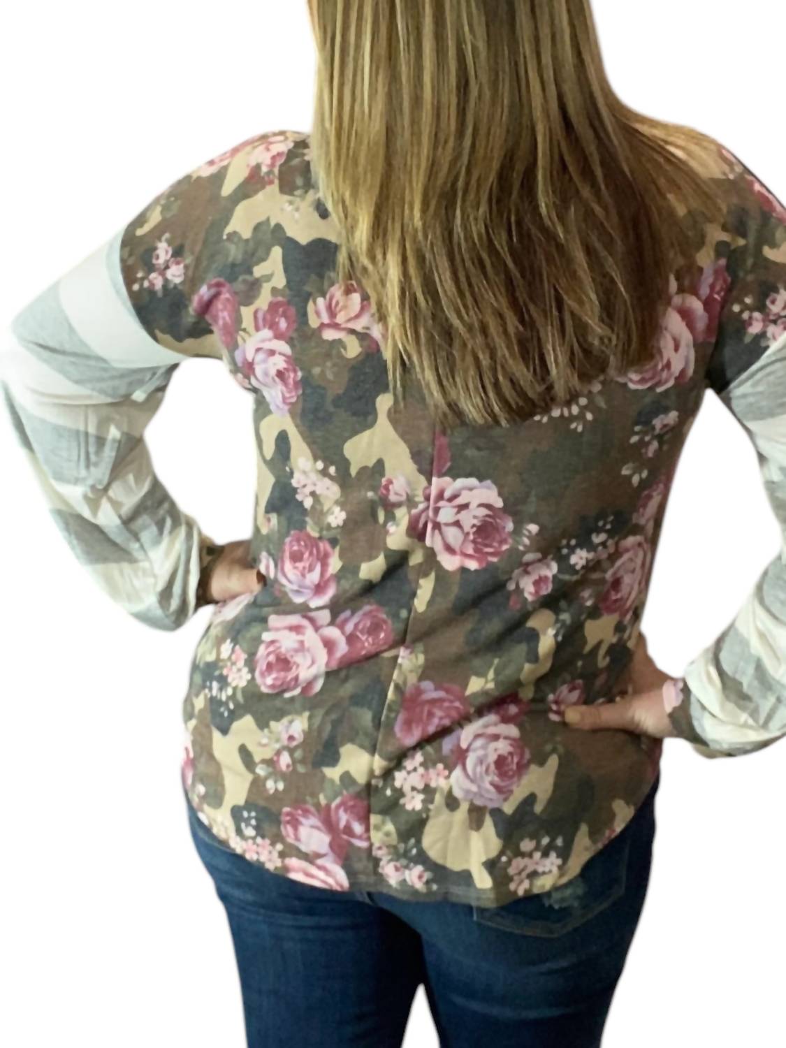 Honeyme - Camo and Floral Puff Sleeve Top
